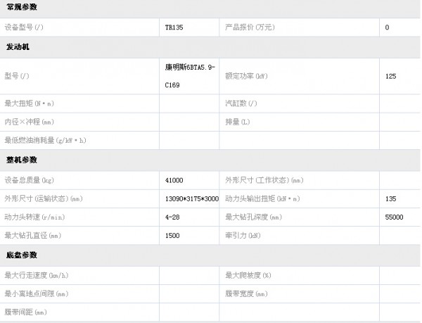 南车TR135旋挖钻机参数表