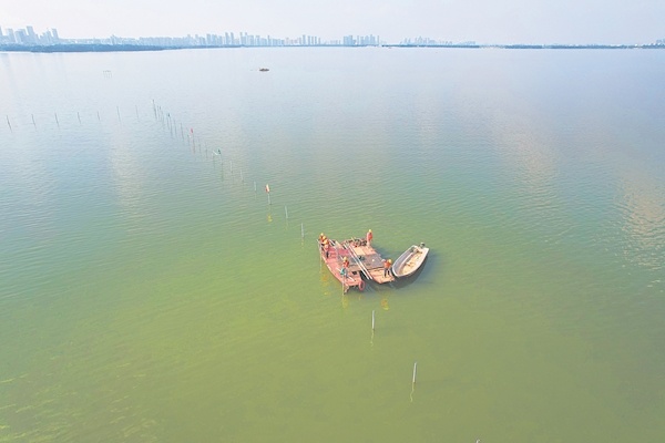 ▶施工人员准备安装水体围隔    楚天都市报极目新闻通讯员供图